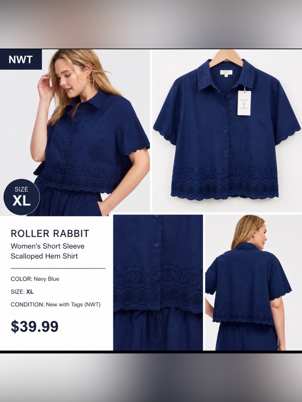 Roller Rabbit x Target Women’s Short Sleeve Scalloped Hem Shirt XL Navy Blue NWT